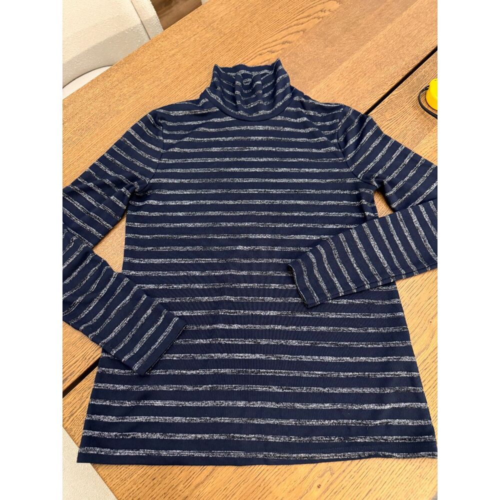 Banana Republic Navy Blue Metallic Lurex Striped Mock Neck Top Size XS